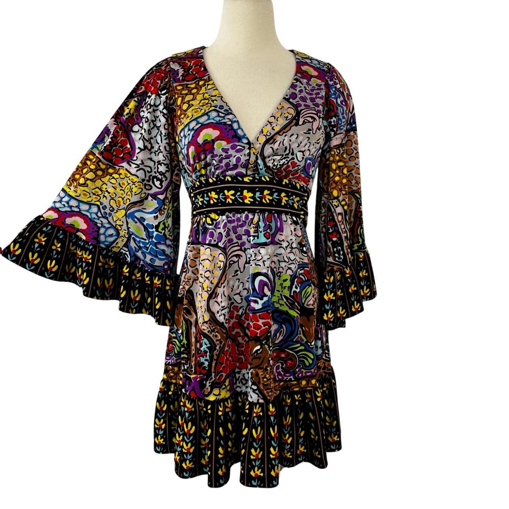 Betsey Johnson Vintage Bambi Printed Surplice Mini Dress 90s Flared Sleeve 6